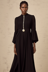 Viviane Pleated Button-Front Midi Dress — Black
