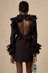 Priscille Ruffled Open-Back Mini Dress — Black