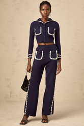 Elvira Crochet Knit Cardigan and Trousers Set — Navy & White