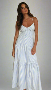 Pinstriped Back-Tie Midi Dress — Blue, Cuavan