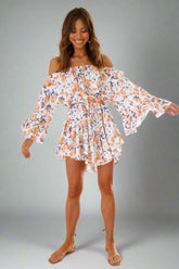 Off-Shoulder Rose Print Romper — Orange, Cuavan