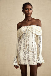Émeline Floral Lace Mini Dress with Flared Cuffs in Neutral Tones
