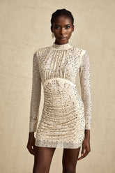 Noémie Crystal-Embellished Draped Mini Dress — Champagne