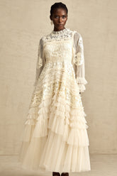 Capucine Floral Embroidered Tulle Maxi Dress — Neutral
