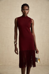 Céline Fringe-Hem Knit Midi Dress — Red