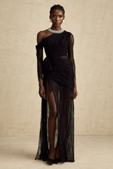 Jeanne One-Shoulder Lace Maxi Gown — Black