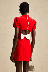 Anna Petal-Sleeve Cut-Out Mini Dress — Red