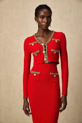 Axelle Embellished Knit Cardigan and Skirt Set — Red & Gold