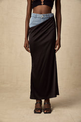 Livia Satin Maxi Skirt — Black & Blue