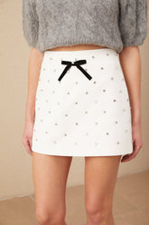 Gabrielle Bow and Crystal Mini Skirt — White