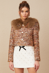Layla Sequin Fur-Trim Coat — Gold