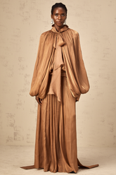 Mila Pleated Satin Maxi Dress — Brown