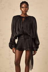Eugénie Pleated Ruffle Mini Dress — Black