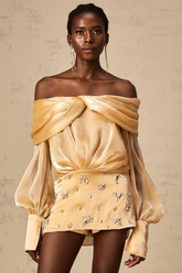 Adelina Off-Shoulder Crystal Mini Dress — Gold