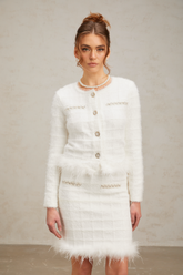 Cora Feather-Trim Waffle Knit Cardigan and Skirt Set — White
