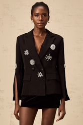 Geltrude Crystal Slit-Cuff Blazer — Black