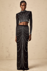 Phillis Rhinestone Mesh Top and Maxi Skirt Set — Black