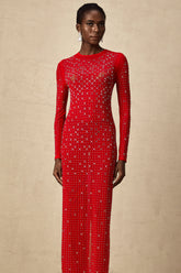 Ghislaine Rhinestone Tulle Maxi Dress — Red