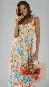 Floral Deep-V Midi Dress — Orange, Cuavan