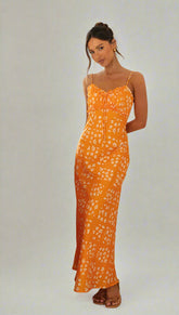 Floral Slip Midi Dress — Orange (Tie Trim), Cuavan
