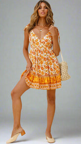 Floral Shoulder-Tie Sun Dress — Orange, Cuavan