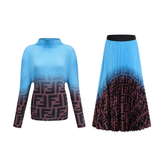 Désirée Color-Block Pleated Top and Skirt Set — Blue & Brown