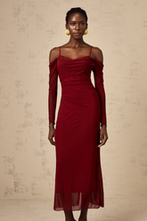 Céleste Semi-Sheer Lace Corset Midi Dress — Red