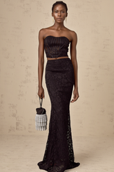 Tiziana Floral Lace Corset Top and Skirt Set — Black