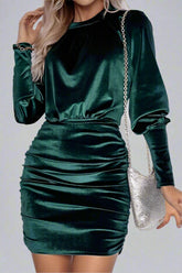 Ruched Round Neck Lantern Sleeve Mini Dress