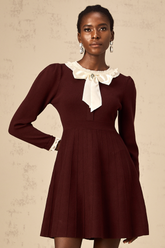Nova Bow and Ruffle Knit Mini Dress — Wine Red