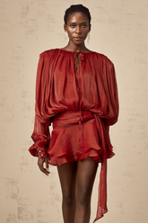 Eugénie Pleated Ruffle Mini Dress — Red