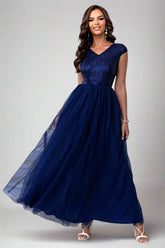 Sequin V-Neck Mesh Maxi Dress, Cuavan