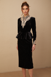 Roxane Sequined Velvet Midi Dress — Black & Gold