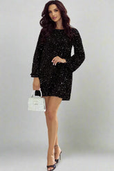 Sequin Round Neck Long Sleeve Mini Dress, Cuavan