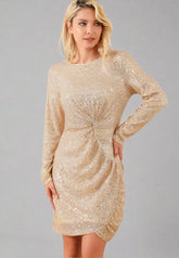 Sequin Knot Round Neck Long Sleeve Mini Dress, Cuavan