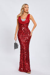 Maisie Sequin Cowl-Neck Maxi Gown — Ruby Red