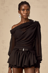Andrea Asymmetric Tulle Blouse and Skirt Set — Black