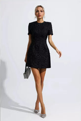 Astrid Jacquard Floral Mini Dress — Black