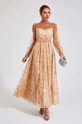 Nova Lace and Sequin Maxi Dress — Beige