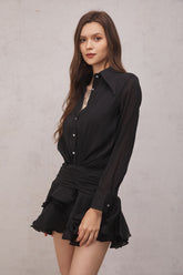 Leila Ruched Ruffle Mini Dress — Black, Cuavan