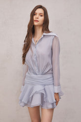 Clara Ruched Ruffle Mini Dress — Blue, Cuavan
