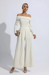 Cassidy Off-Shoulder Drape Jumpsuit — Apricot
