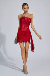 Eileen Off-Shoulder Lace Mini Dress — Red