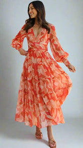 Floral Long Sleeve Midi Dress — Orange, Cuavan