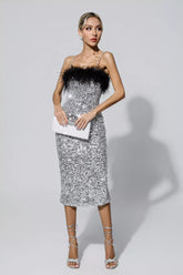 Jemma Sequin Midi Dress with Feather Trim — Black