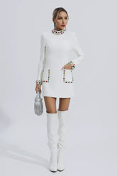 Karina Long-Sleeve Mini Dress with Diamond Accents — White