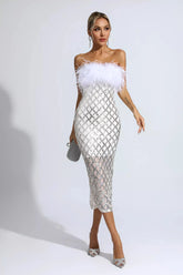 Kayleigh Feather and Sequin Midi Dress — White