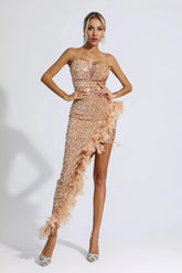 Kira Sequin & Feather Maxi Dress — Champagne