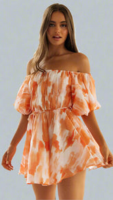 Off-Shoulder Pleated Dress — Orange Floral, Cuavan