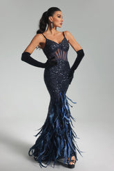 Corset Sequin & Feather Maxi Dress